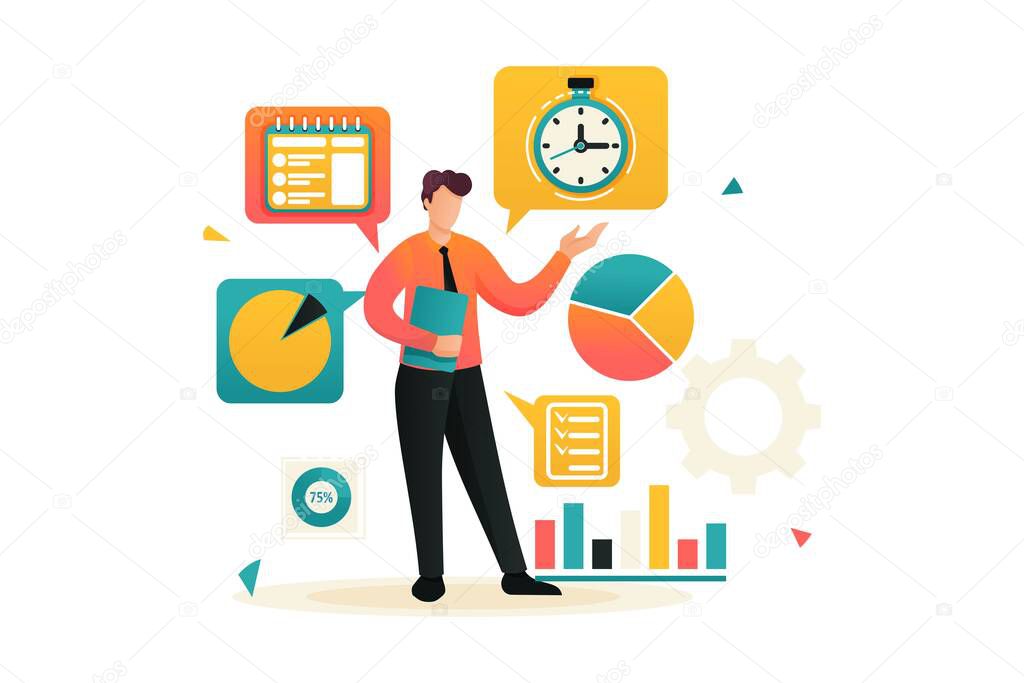 Young businessman is engaged in time management. Planning your time. Flat 2D character. Concept for web design