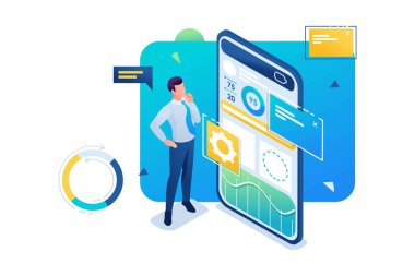 Genç adam veri toplama ve analiz için mobil bir uygulama üzerinde çalışıyor. Üç boyutlu izometrik. Web tasarımı için kavram