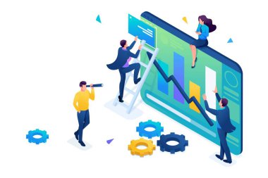 Gençler veri analizi için bilgi topluyor. Üç boyutlu izometrik. Web tasarımı için kavram