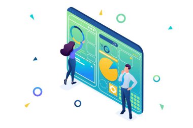 Gençler bireysel menüden oluşan bir gösterge paneli yapmaya çalışıyorlar. Üç boyutlu izometrik. Web tasarımı için kavram