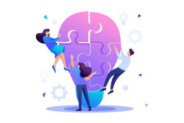 Genç takım bir fikir üretir, takım çalışması, beyin fırtınası. Düz 2D karakter. Web tasarımı için kavram