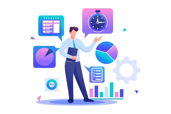 Young businessman is engaged in time management. Flat 2D character. Concept for web design — Stock Vector