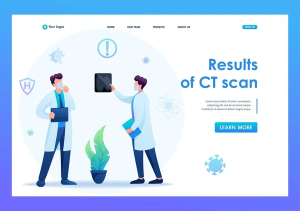 医生们讨论了CT研究的结果。与他人保持距离，戴面具。平面2D 。登陆页的矢量说明 — 图库矢量图片
