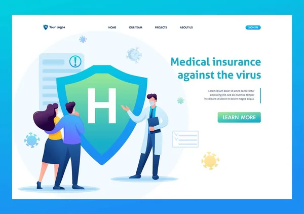 Protect yourself from the virus, health insurance. Keeps a social distance and wears masks. Flat 2D. Vector illustration for a landing page — Stock Vector
