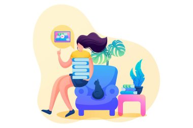 Salgın sırasında evde eğitim gören bir kız, online eğitim. Düz 2D karakter. Web tasarımı için kavram