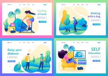 Kadın kendini izole etme, evde çalışma, online eğitim, spor konularında 2D Flat 'i ayarla. İniş sayfası kavramları ve web tasarımı için
