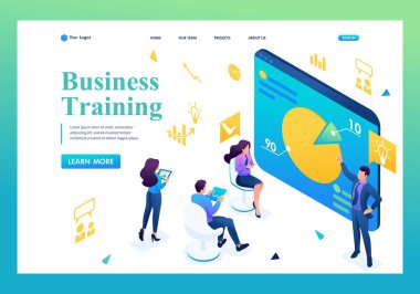 Isometric Business koçu şirket çalışanlarını eğitiyor. İniş sayfası kavramları ve web tasarımı