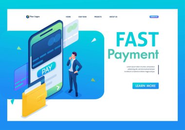 Genç adam mobil bir uygulama üzerinden online ödeme yapıyor. Üç boyutlu izometrik. İniş sayfası kavramları ve web tasarımı