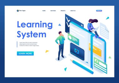Gençler kendi kendilerine eğitim, çevrimiçi eğitim alıyorlar. Üç boyutlu izometrik. İniş sayfası kavramları ve web tasarımı