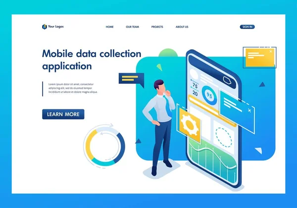 年轻人从事数据收集和分析的移动应用工作。3D等距。登陆页面概念和网页设计 — 图库矢量图片