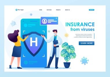 Kendini virüsten koru, sağlık sigortası yaptır. Sosyal mesafeyi koruyor ve maske takıyor. Düz 2D. Vektör illüstrasyon iniş sayfası