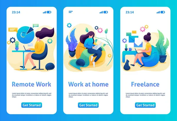 Mobil app design, mall. 2D-karaktären stannar hemma, i karantän. Flicka arbetar som frilansare, på ett avlägset jobb — Stock vektor