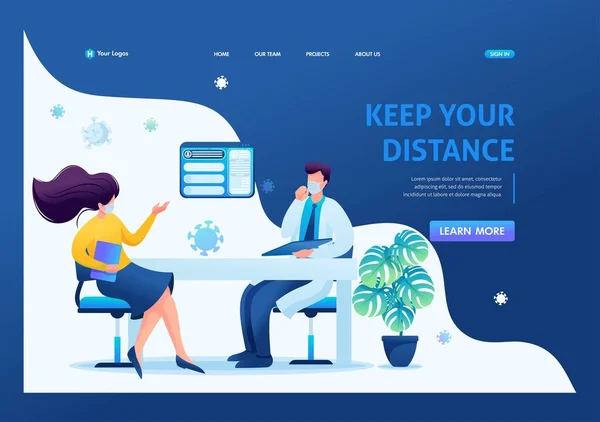 医者のオフィスで距離を保つ。社会的な距離を保ち、マスクを身に着けている。平面2D 。ベクターイラストランディングページ — ストックベクタ