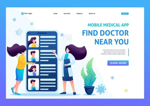Use the mobile app to search for a doctor. Keeps a social distance and wears masks. Flat 2D. Vector illustration for a landing page — Stock Vector
