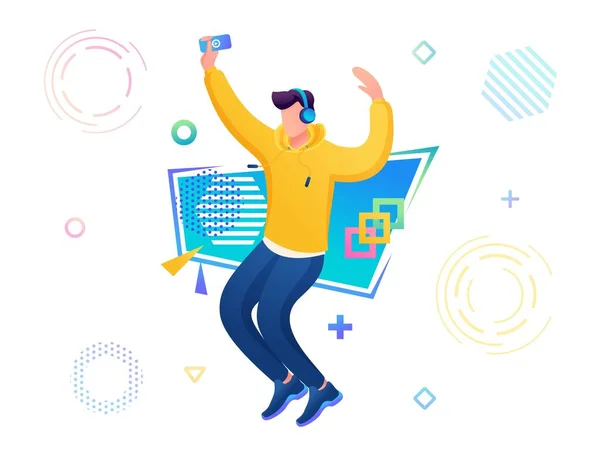 Joven bailando música en su teléfono. Aprender a bailar, tectónica, freestyle, diseño web para la formación de danza — Vector de stock