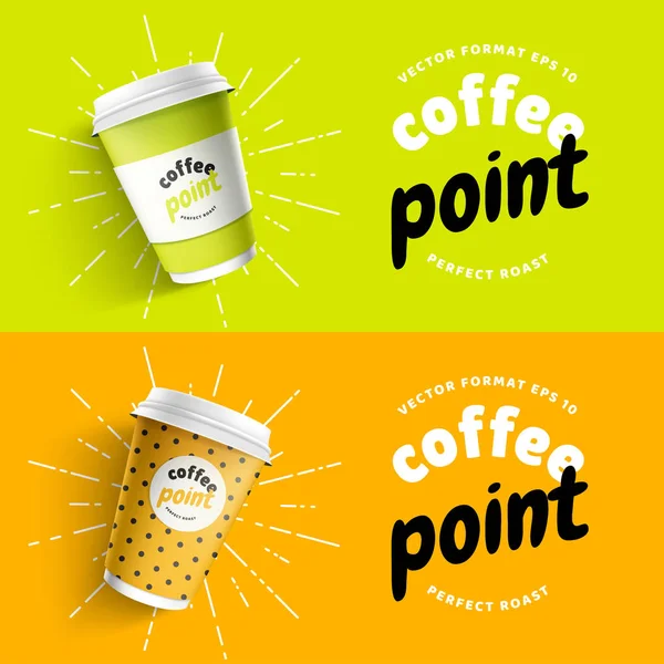 模拟模板为您的品牌现实咖啡纸杯在黄色和绿色的背景。你在纸杯上的标识设计。演示文稿为您的徽标品牌矢量插图。2019种颜色的趋势 — 图库矢量图片