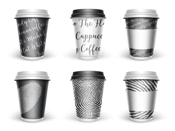 Set di tazze di carta da caffè realistico su sfondo bianco. Mock up bicchieri di carta in bianco e nero per il tuo marchio. Il tuo logo qui modello. Design banner web — Vettoriale Stock