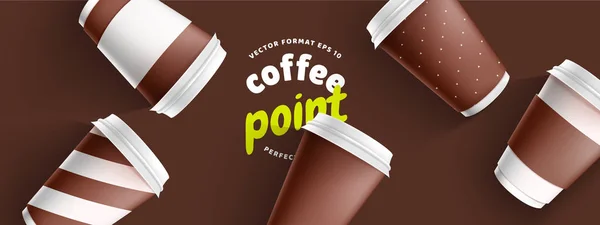 Набор 3D реалистичные макеты кофе бумажные чашки на коричневом фоне. Набор шаблонов бумажные стаканчики в темноте для вашего бренда. Ваш логотип на бумажных стаканах . — стоковый вектор