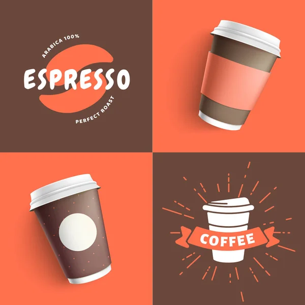 Set di modello di modello per il vostro marchio realistico tazza di carta da caffè su sfondo marrone e corallo. Il tuo disegno logotipo sul bicchiere di carta. Presentazione per la tua illustrazione vettoriale logo branding — Vettoriale Stock