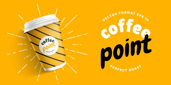 Şablon için marka gerçekçi kahve kağıt bardak Sarı zemin üzerine alay et. Kağıt bardak, logo tasarımı. Vektör çizim marka logonuzu sunusu. Eğilim 2019 renkleri — Stok Vektör