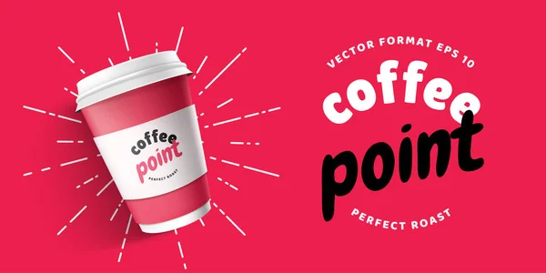 Modelo Mock up para o seu copo de papel de café realista marca no fundo vermelho. Seu projeto do logotipo no copo de papel. Apresentação para sua ilustração do vetor do branding do logotipo. Tendência 2019 cores — Vetor de Stock