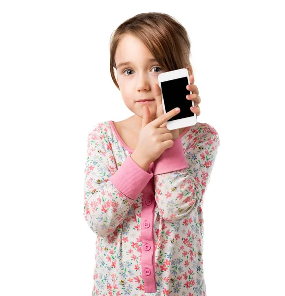 Porträtt av känslomässiga barn flicka med telefon — Stockfoto