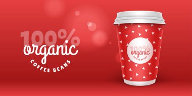 Sarı bulanıklık arka planda marka gerçekçi kahve kağıdı fincan için şablon mock. Kağıt fincan üzerinde logo tasarım. Logo marka vektör Illustration için sunum. Trend 2019 renkler