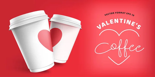 San Valentino con tazza di carta da caffè modello banner rosso sito. Realistico 3D modellare vettoriale eps 10 design. Un paio di caffe 'per gli amanti a San Valentino. Finto bicchiere di carta colore Instagram — Vettoriale Stock