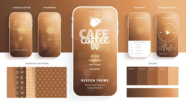 Элементы дизайна пользовательского интерфейса установить коричневый кофе стиль готовые шаблоны для вас мобильное приложение. Потерянные экраны, пароль, чат, календарь, музыкальный плеер в пакете. Реалистичный тонкий белый смартфон . — стоковый вектор