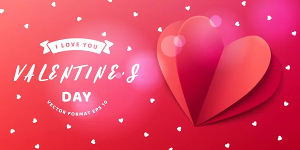 Valentin-nap banner piros papír szív sablon. Reális 3 — Stock Vector