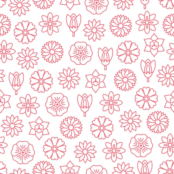 Frühlingsblumen flache Linie nahtlose Muster - Narzisse, Krokus, f — Stockvektor
