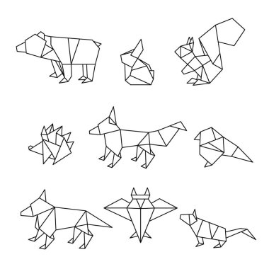 Origami tarzında orman hayvanları seti. Ayı, tavşan, sincap, 