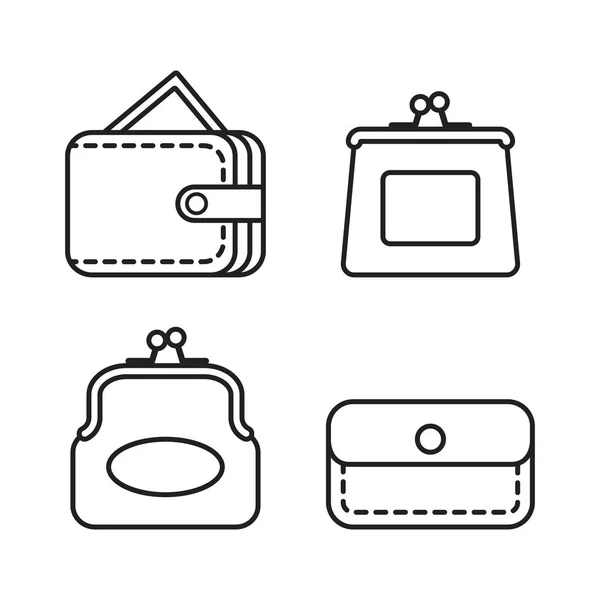Brieftaschensymbol. Vektor-Set mit verschiedenen Geldbörsen. Linienstil. — Stockvektor