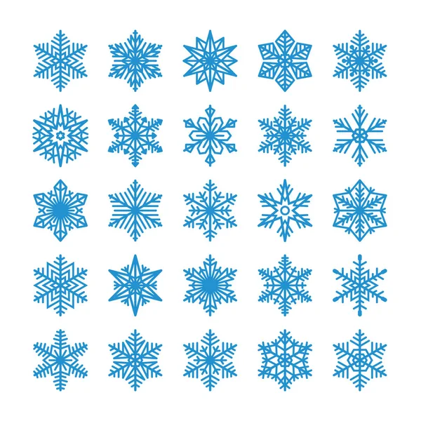 Colección de copos de nieve aislados sobre fondo blanco. Línea plana — Vector de stock