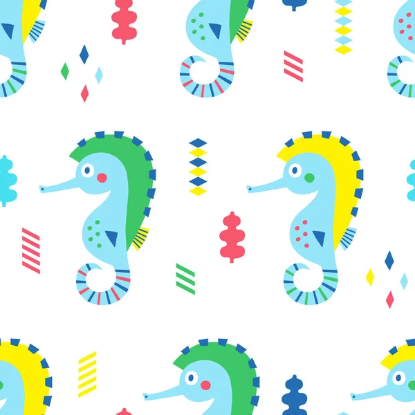 Sea horse seamless pattern in cute style. Kid design. Vector ill — Stock Vector