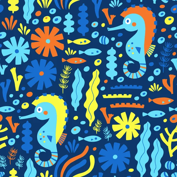 海の馬、魚、水の植物との海の生活のシームレスなパターン. — ストックベクタ