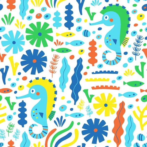 Motif sans couture de la vie marine avec cheval de mer, poisson et plante aquatique . — Image vectorielle