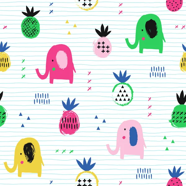 Elephant seamless pattern with pineapple. Kid design. Vector ill — Stock Vector
