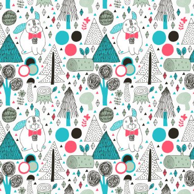 Ormanda tavşan dikişsiz desen. Ağaçile vektör illüstrasyon