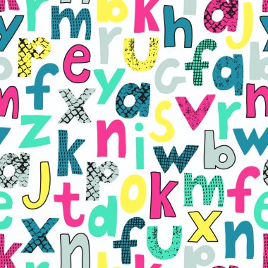 Çocuk tasarımı için alfabe sorunsuz desen. Parlak, komik harfler o