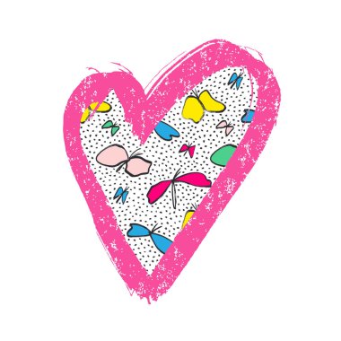 Kalp işareti. Elle çizilmiş kelebek ve nokta ile yüzey dekorasyonu