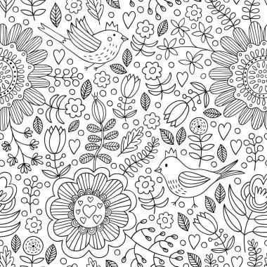 Kuş ve bitki dikişsiz desen. Vektör çizimi. 