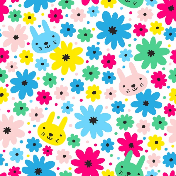 Komik tavşan ve çiçekler sorunsuz arka plan. Çocuk tasarımı. Vektör — Stok Vektör