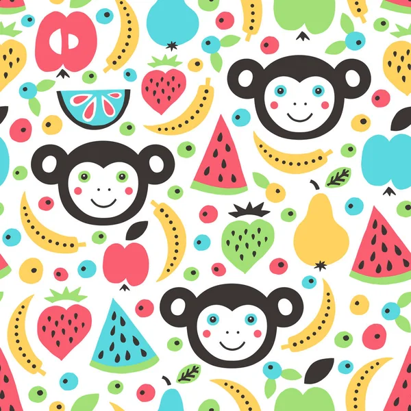 Monkey and fruits seamless pattern. Vector illustration. — Stock Vector