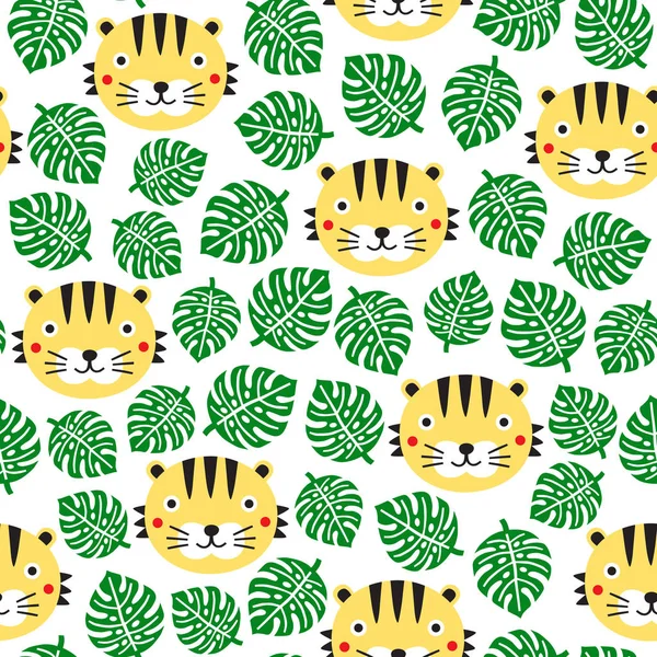 Tigre motif sans couture avec des feuilles tropicales. Enfant de fond. Végétaux — Image vectorielle