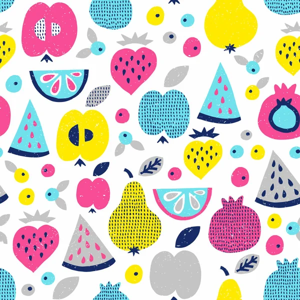 Fruit seamless pattern. Surface kid decoration with apple, pear, — Stock Vector