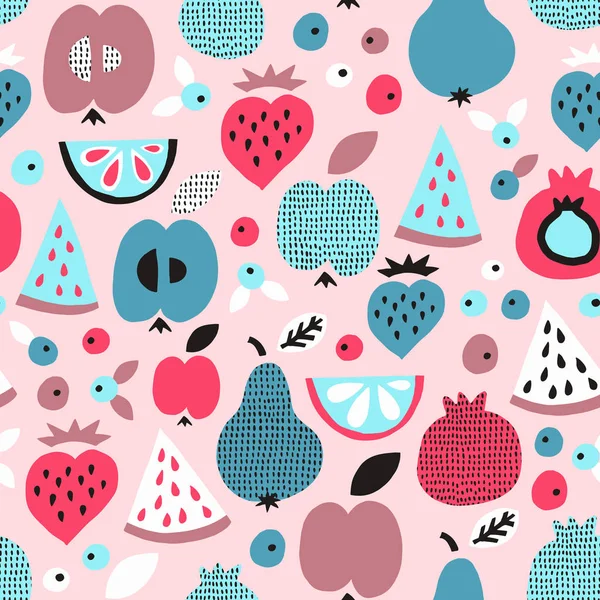 Fruit seamless pattern. Surface kid decoration with apple, pear, — Stock Vector