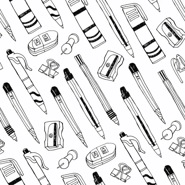 Stationery seamless pattern with pen, pencil, sharpener, marker, — Stock Vector