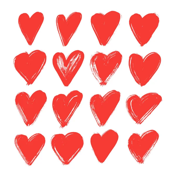 Rosso grunge cuore impostato. Collezione disegnata a mano vettoriale . — Vettoriale Stock