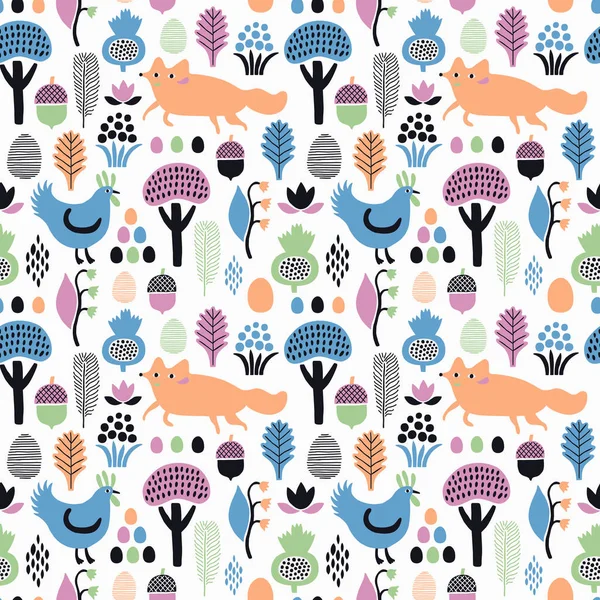 Fox and rooster seamless pattern with plant elements. Vector ill — Stock Vector